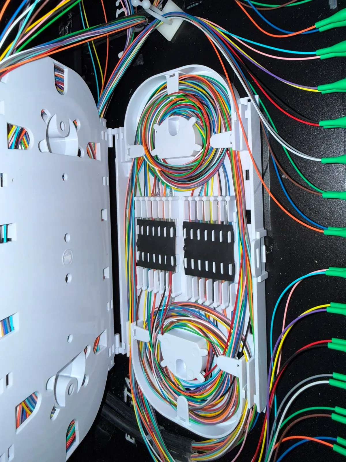 Cassette d'épissure avec protections d'épissures alignées et fibres colorées