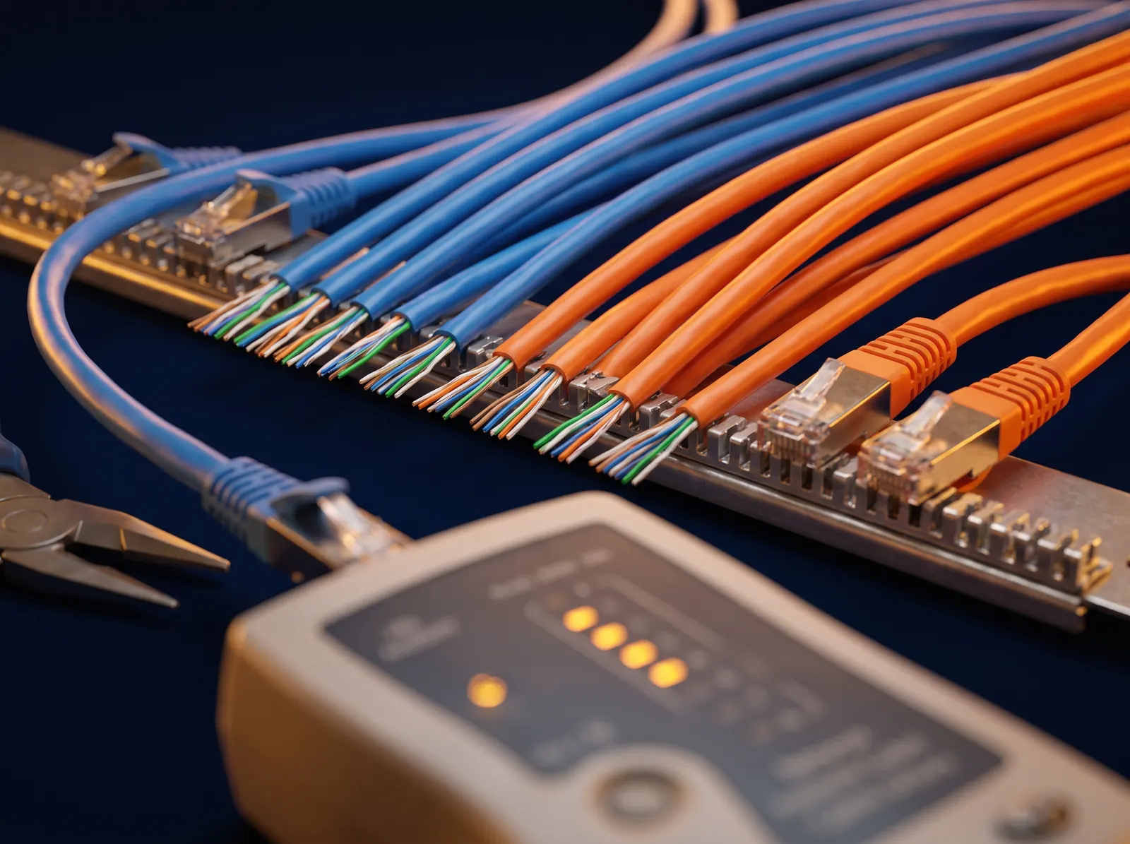 Câbles RJ45 raccordés sur un panneau de brassage, testeur réseau au premier plan
