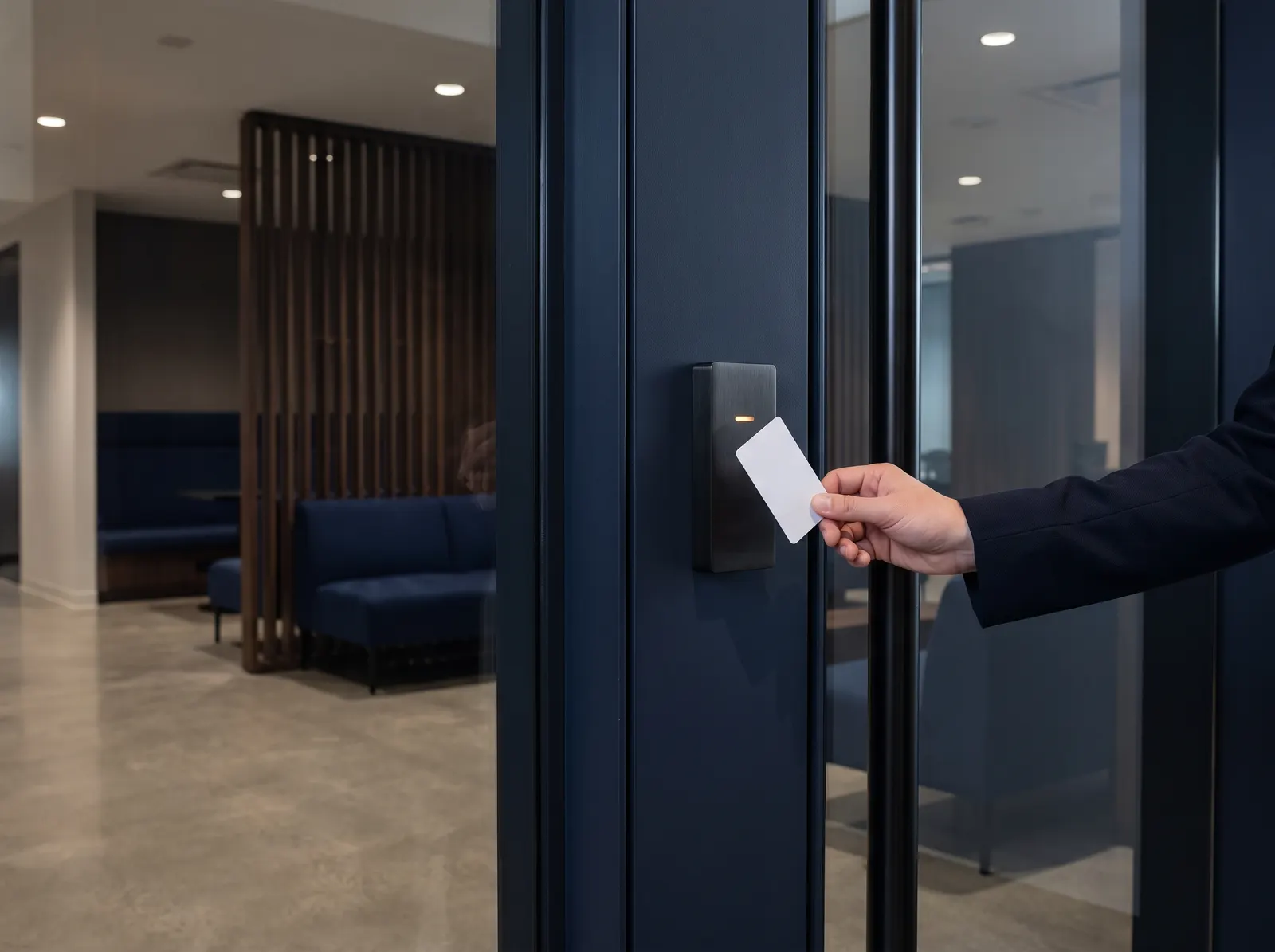 Badge présenté devant un lecteur de contrôle d'accès à l'entrée d'un bureau