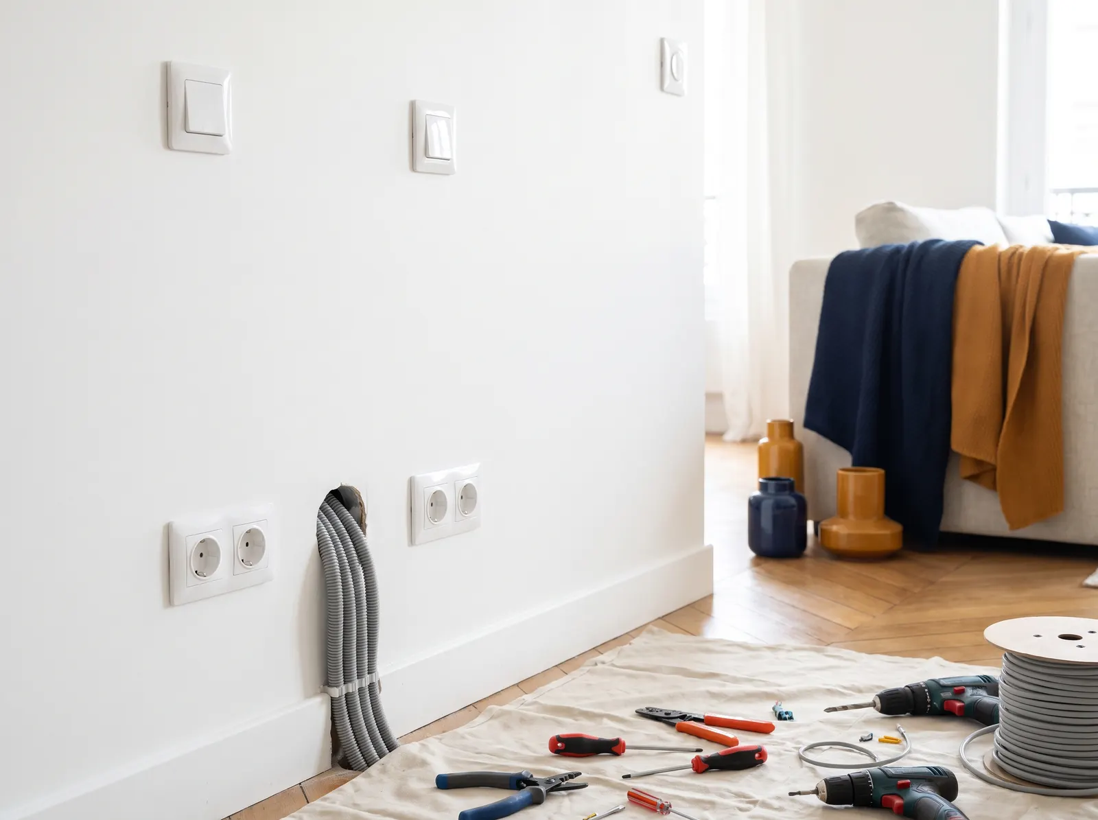 Appartement en rénovation électrique avec prises murales neuves et gaines en attente
