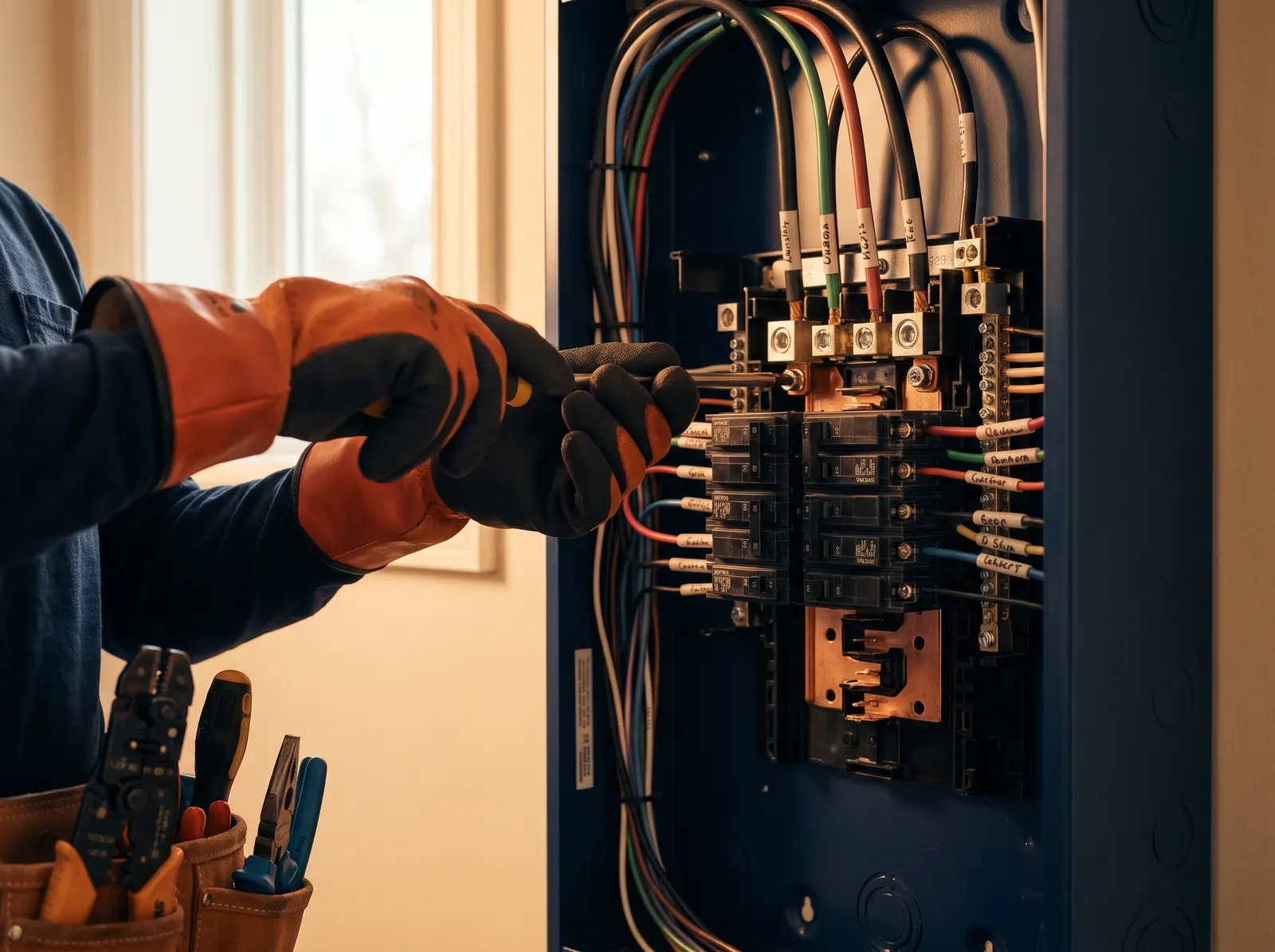 Électricien serrant une borne dans un tableau électrique équipé de disjoncteurs modulaires