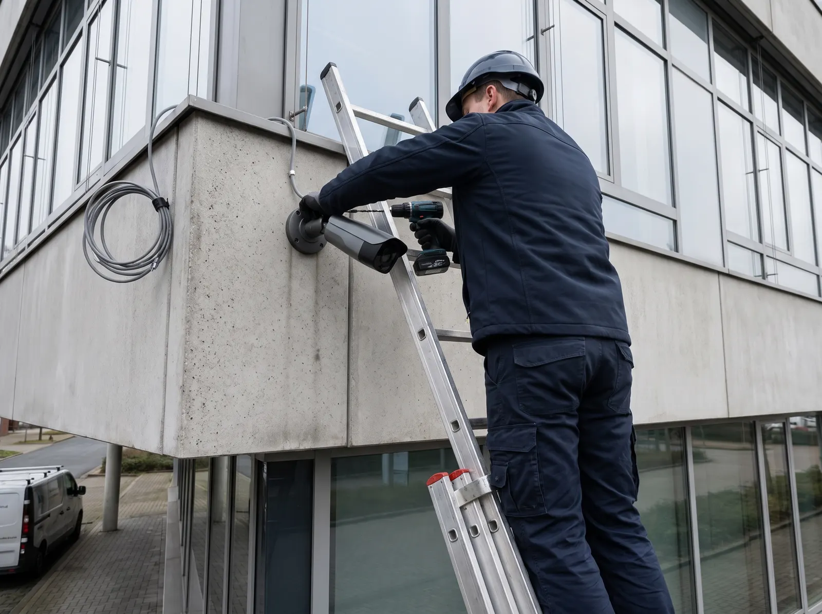 Technicien sur une échelle installant une caméra de vidéosurveillance en façade
